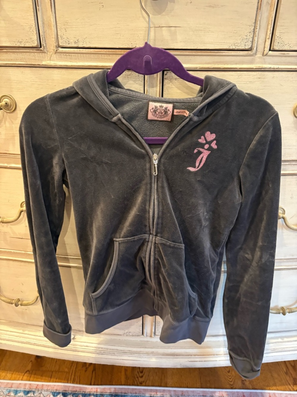 Juicy Couture Charcoal Gray Hoodie with Pink Embroidery